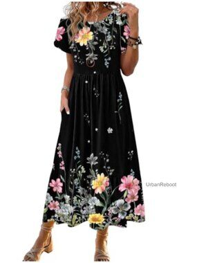 Women Summer Midi A Line Dress Short Sleeve Tiered Flowy Sundress Pockets